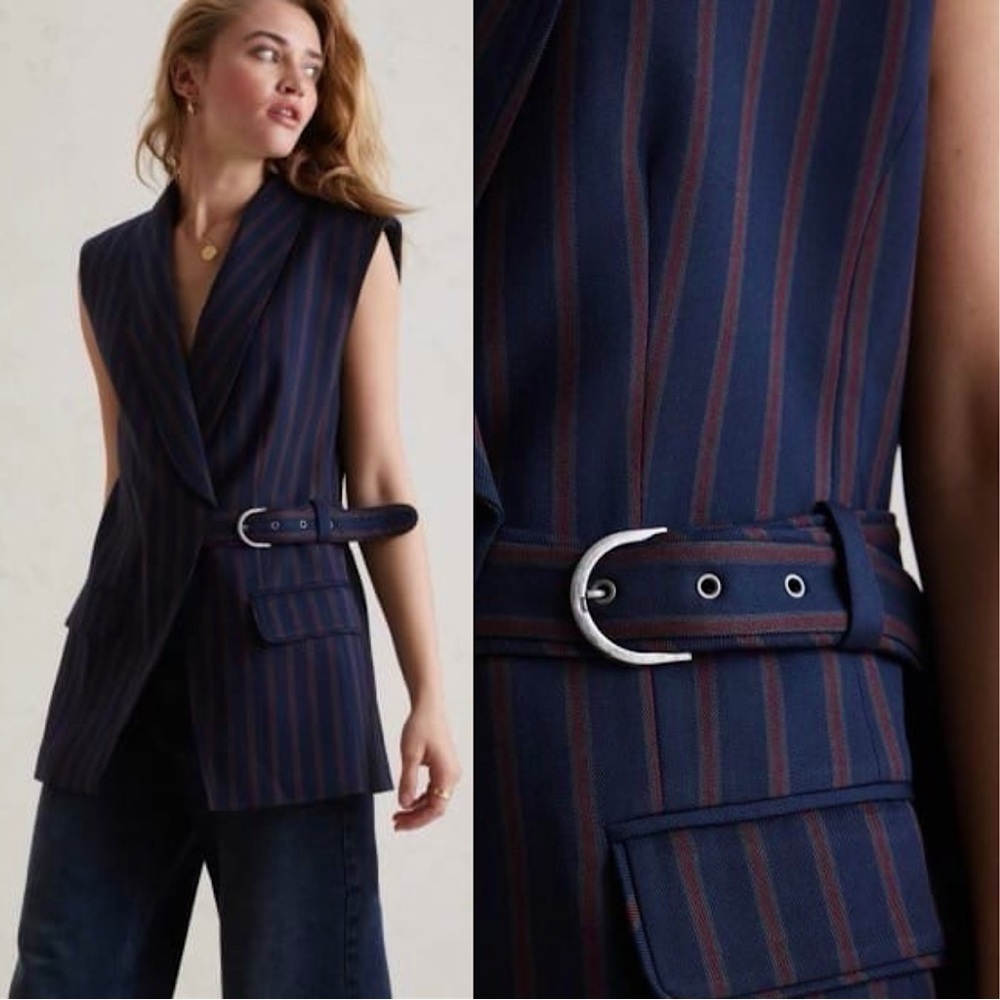 Sleeveless Navy and Burgundy Striped Belted Blazer Vest
